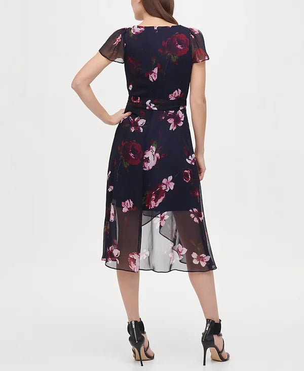 DKNY Floral-Print Faux-Wrap Dress  Color Navy Multi Size 10
