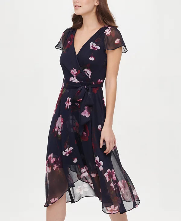 DKNY Floral-Print Faux-Wrap Dress  Color Navy Multi Size 10