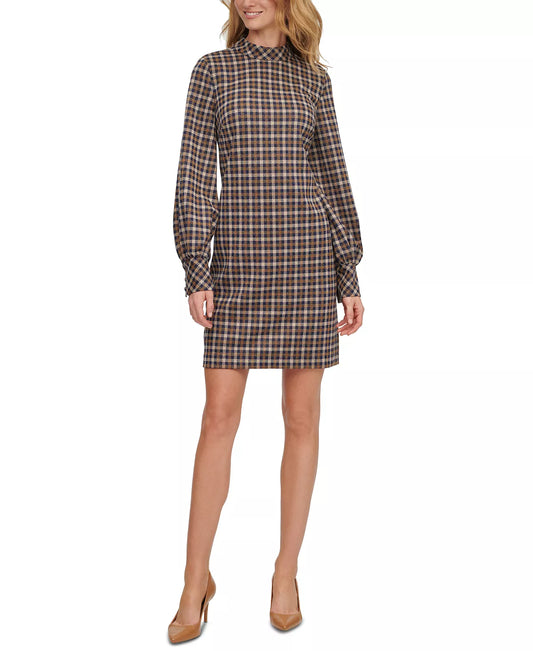 Calvin Klein Ponte-Knit Plaid Mock-Neck Dress  Color Khaki Multi Size 8