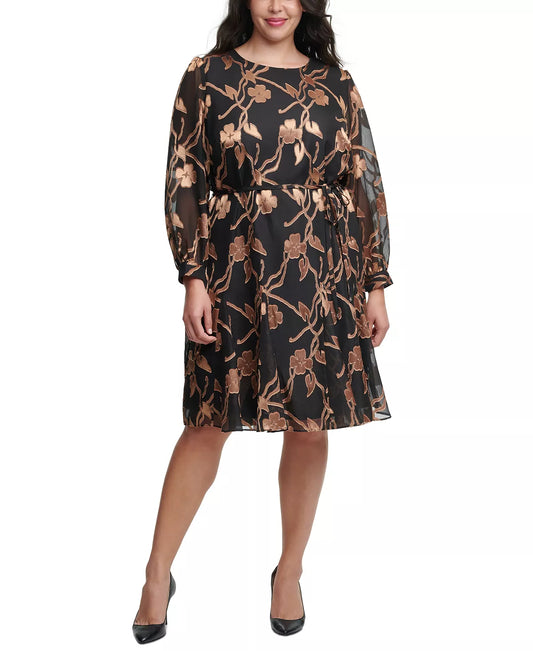 Tommy Hilfiger Women's Plus Size Printed Fit & Flare Dress  Color Black/Gold Size 22W