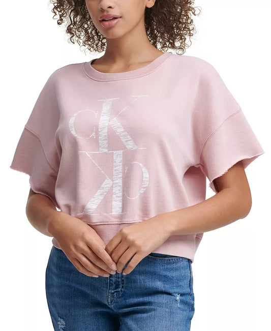 Calvin Klein Jeans Women's Distressed Logo Short Sleeve Sweatshirt  Color Rose Quartz Size L
