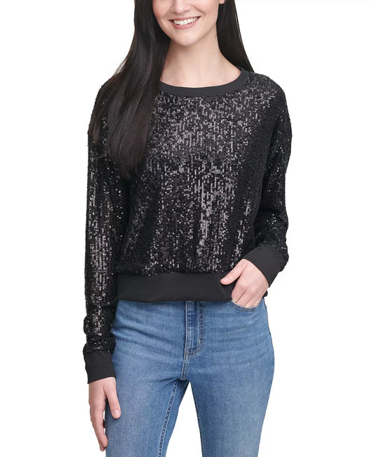 Calvin Klein Jeans Women's Cotton Allover Sequin Pullover Sweater  Color Black Combo Size L
