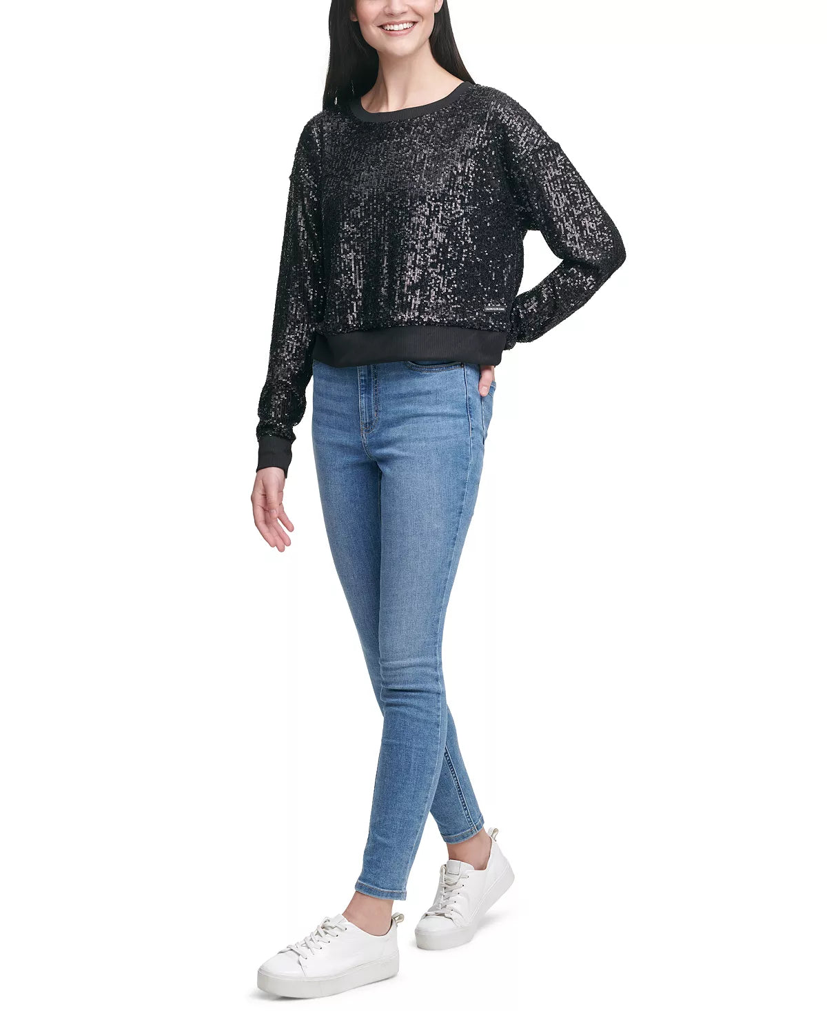 Calvin Klein Jeans Women's Cotton Allover Sequin Pullover Sweater  Color Black Combo Size L