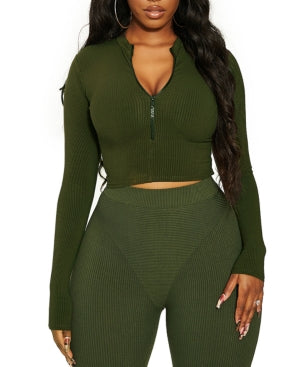 Naked Wardrobe Women's Zip-Down Snatch-Up Crop Top  Color Forest Green Size M