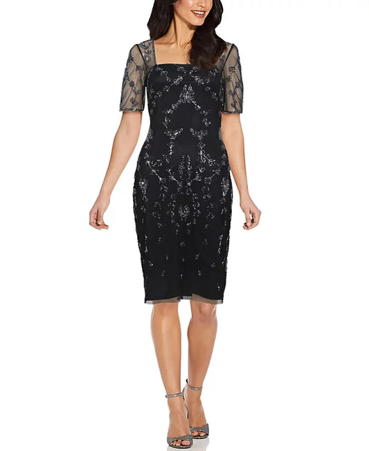 Papell Studio Mesh-Sleeve Beaded Dress  Color Black/Gunmetal Size 16