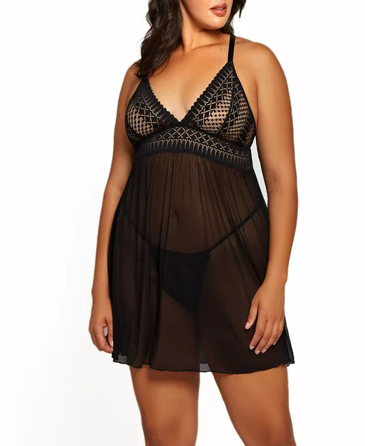 iCollection Hazel Plus Size Lace Mesh Babydoll 2pc Lingerie Set  Black Size 1X