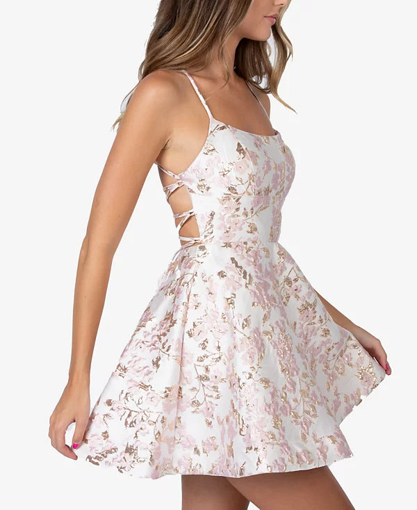 B Darlin Juniors Embroidered Lace-Up A-Line Dress  Color Pink/Gold Size 9/10
