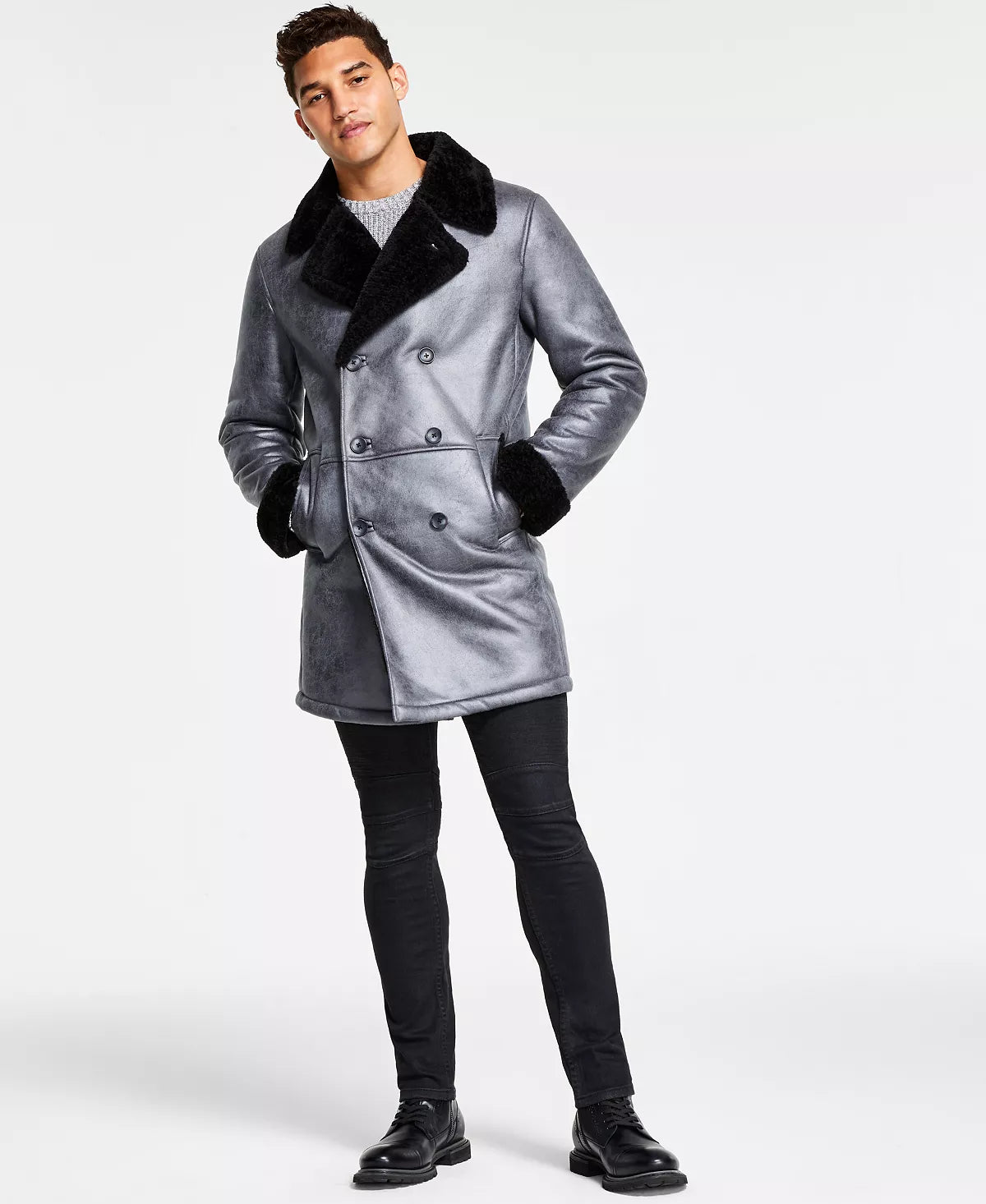 INC International Concepts Men's Faux-Fur-Trim Faux-Leather Coat  Color Navy Bud Size M