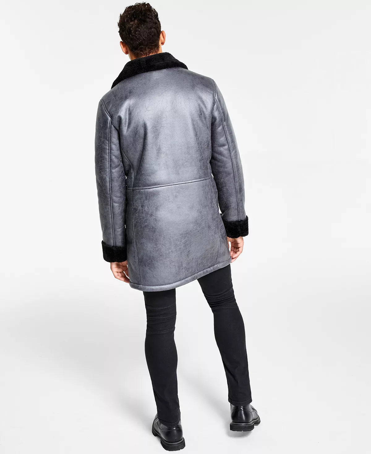 INC International Concepts Men's Faux-Fur-Trim Faux-Leather Coat  Color Navy Bud Size M