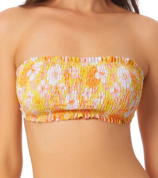 California Waves Juniors Printed Smocked Bandeau Bikini Top  Color Yellow Print Size L