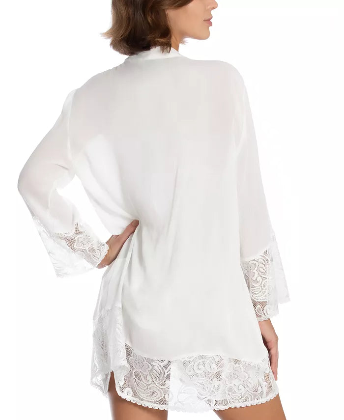 Linea Donatella Flower Child Sheer Lace-Trim Kimono Robe Lingerie  Winter White Size S/M