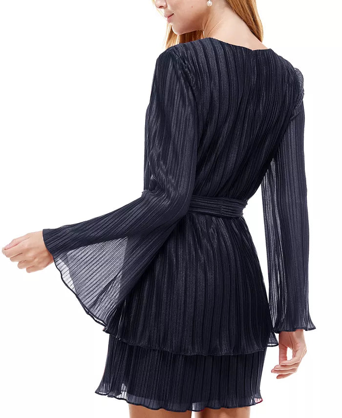 City Studios Juniors Pleated Bell-Sleeve Dress  Navy Size XL