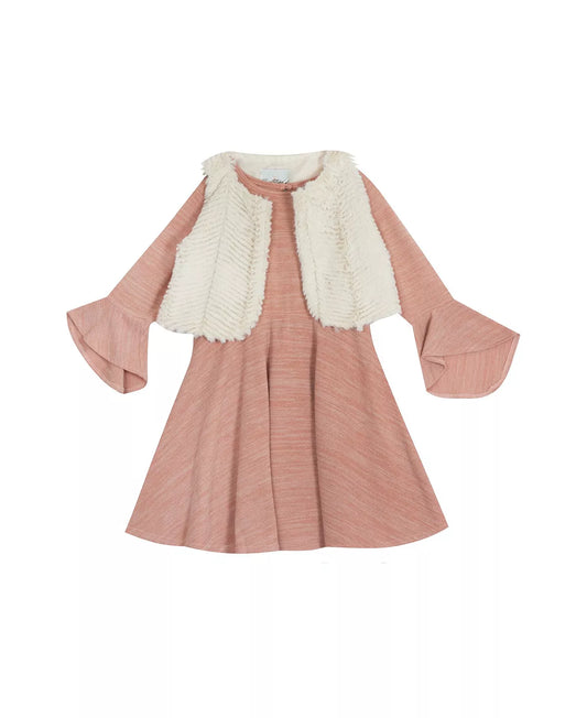 Rare Editions Girls Sweater Dress with Faux Fur Vest, 2 Piece Set  Color Blush Size 5