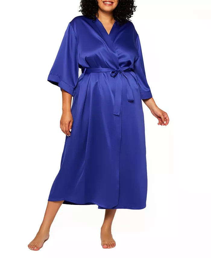 iCollection Women's Victoria Satin 3/4 Sleeve Long Robe  Blue Size L