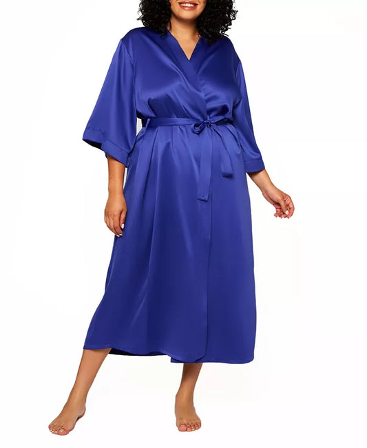iCollection Women's Victoria Satin 3/4 Sleeve Long Robe  Blue Size L