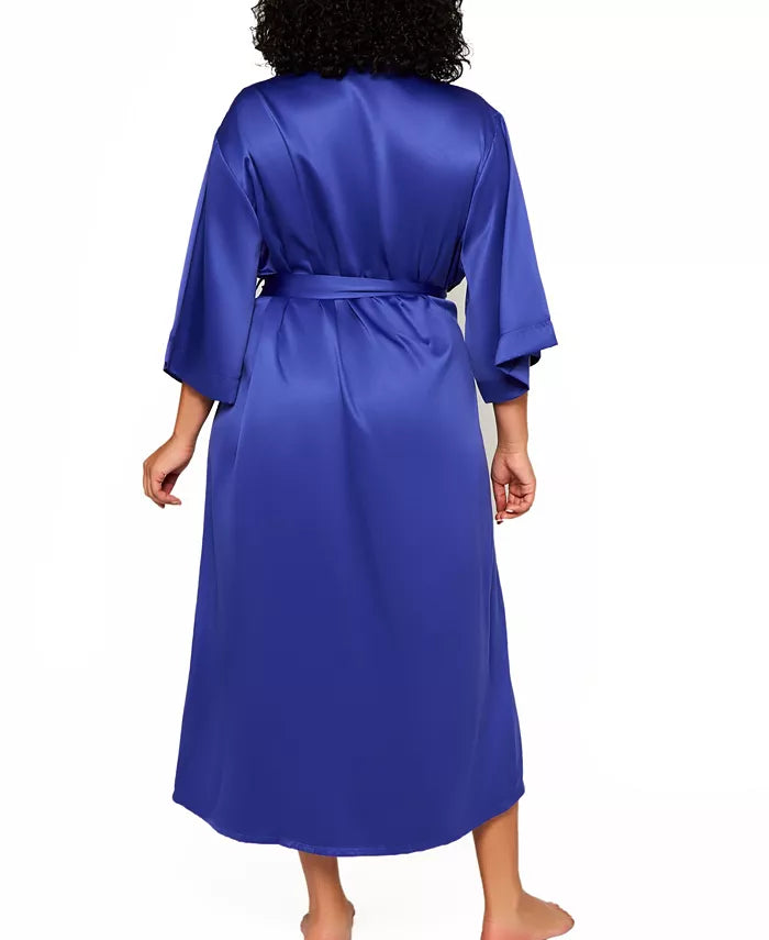 iCollection Women's Victoria Satin 3/4 Sleeve Long Robe  Blue Size L