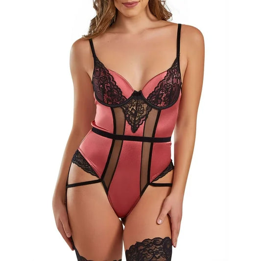 iCollection Women's Tatiana Underwire Teddy Lingerie    Mauve-Black Size XL