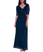 Betsy & Adam Lace-Top Waterfall-Detail Gown  Color Navy Blue Size 6