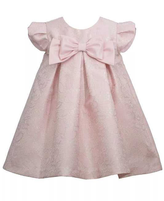 Bonnie Baby Baby Girls Short Sleeved Bow Tie Jacquard Pleated Float Dress  Color Pink Size 12 months