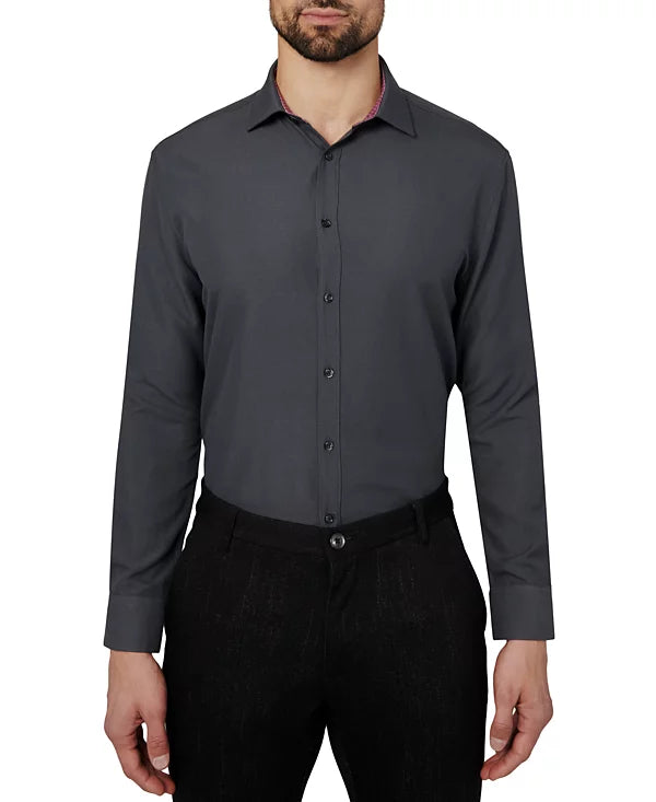 Calabrum Men's Modern-Fit Solid Wrinkle Free Performance Dress Shirt  Charcoal Size S 14/14.5