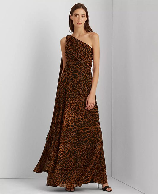 Lauren Ralph Lauren Ocelot-Print One-Shoulder Gown  Color Brown/Tan Multi Size 16