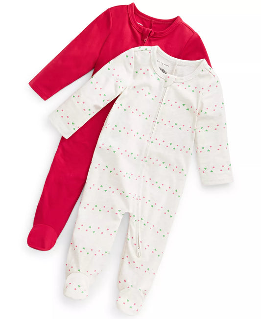 First Impressions Baby Girls Chloe 2-Pk. Solid & Heart Stripe-Print Footed Coveralls  Color Bone Heather Size Newborn