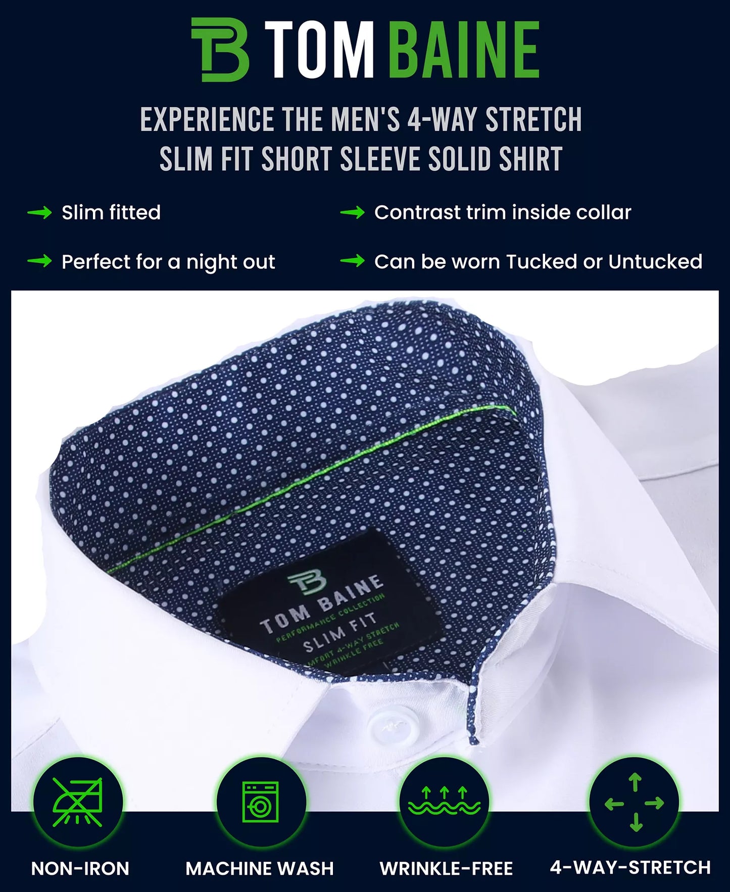 Tom Baine Men's Slim Fit Short Sleeve Dress Shirt  Black Size L