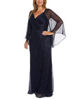 Nightway Sweetheart-Neck Draped-Illusion-Sleeve Gown  Color Navy Size 4