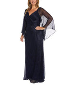 Nightway Sweetheart-Neck Draped-Illusion-Sleeve Gown  Color Navy Size 4