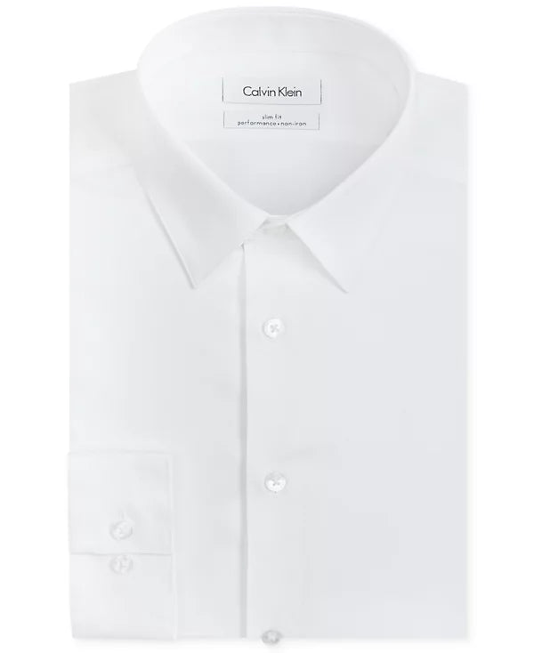 Calvin Klein Men's Slim-Fit Non-Iron Herringbone Dress Shirt  White 15.5 34/35