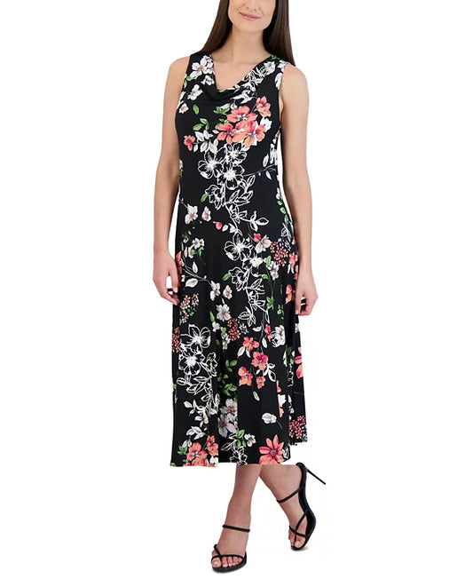 Robbie Bee Petite Floral-Print Cowlneck Midi Dress  Color Black Size PS