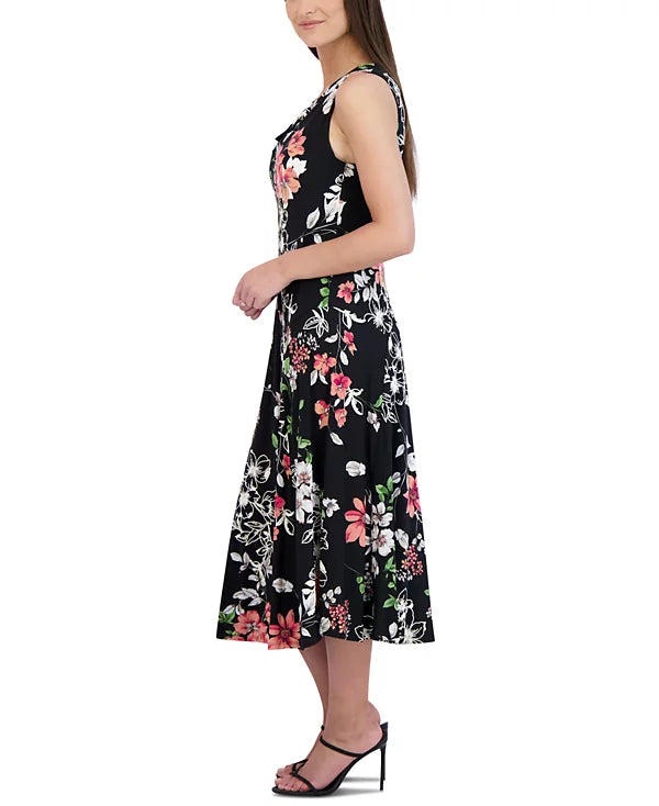 Robbie Bee Petite Floral-Print Cowlneck Midi Dress  Color Black Size PS