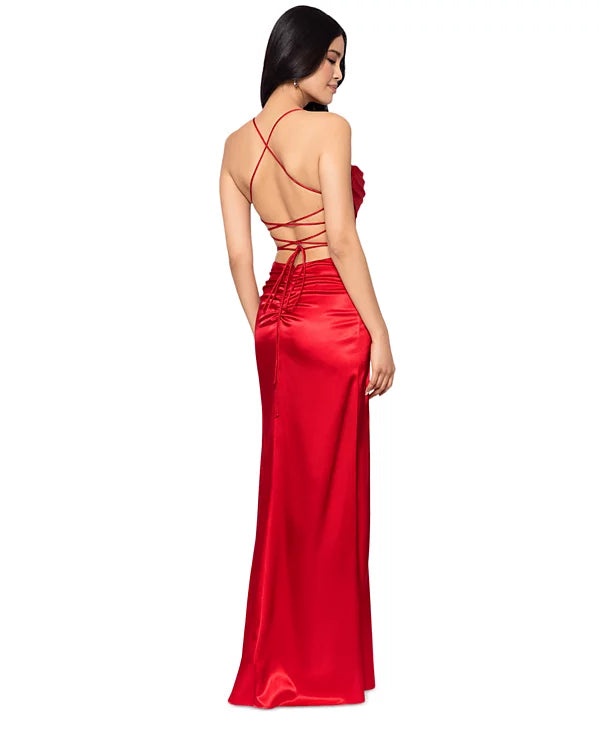 Blondie Nites Juniors Draped Lace-Up Satin Gown  Color Red Size 11