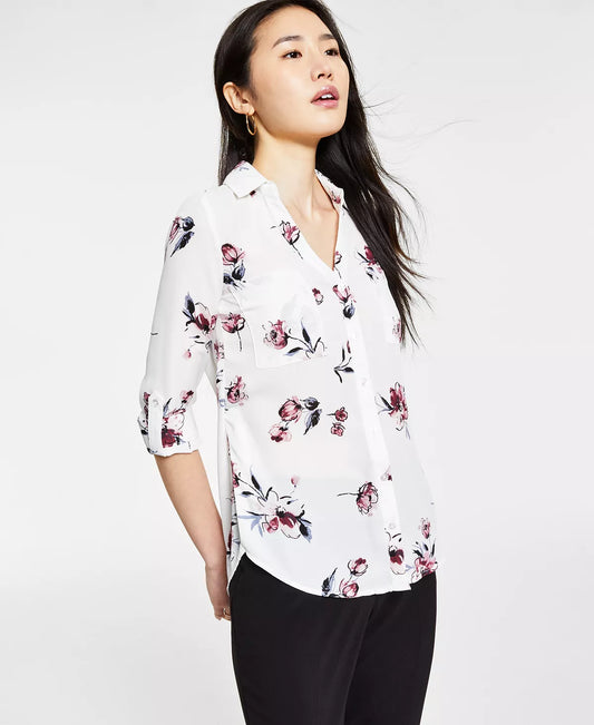 BCX Juniors' Floral-Print Collared Shirt  Color White Multi Size L