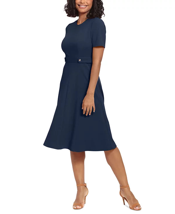 London Times Puff-Sleeve Tab-Detail Fit Flare Dress  Navy Blazer Size 10