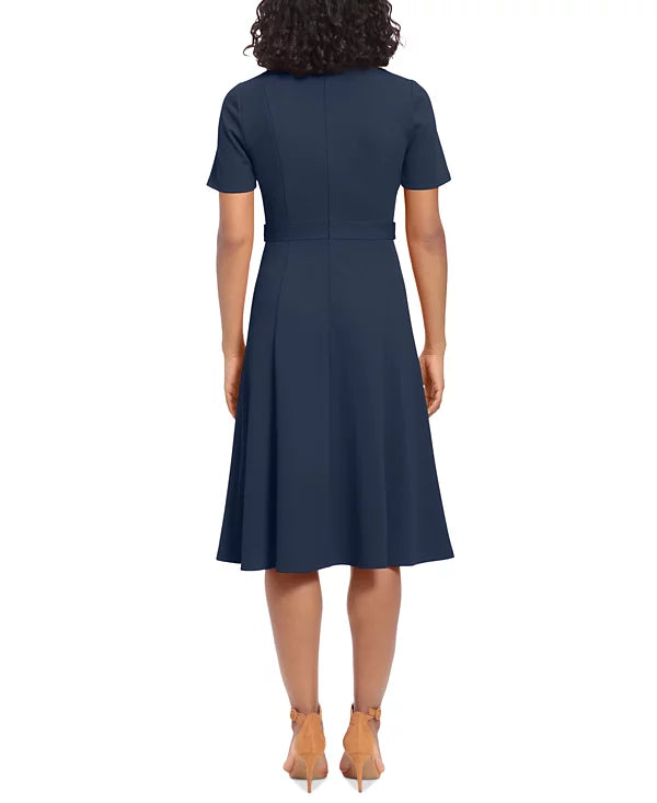 London Times Puff-Sleeve Tab-Detail Fit Flare Dress  Navy Blazer Size 10