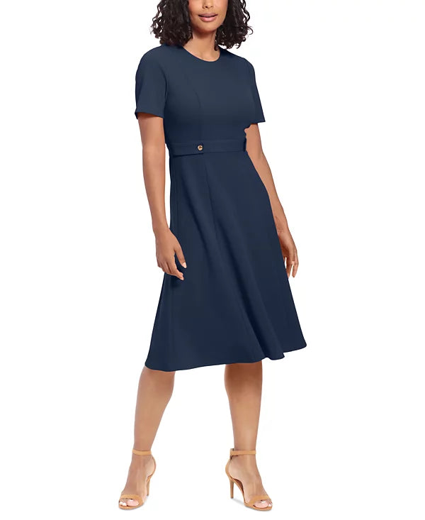 London Times Puff-Sleeve Tab-Detail Fit Flare Dress  Navy Blazer Size 10