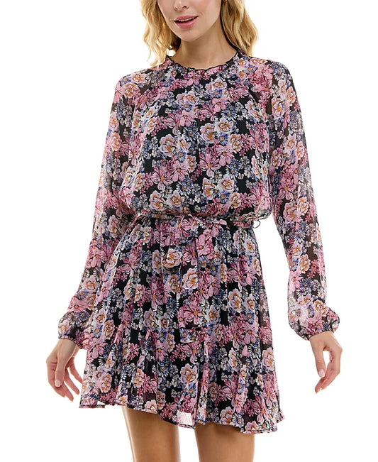 Trixxi Juniors Floral Chiffon Long-Sleeve Dress  Color Black/Pink Floral Size M