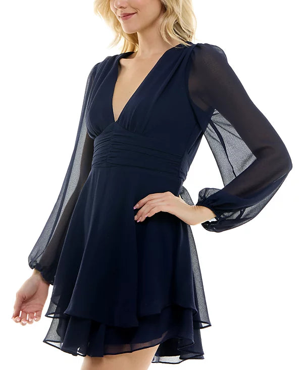 B Darlin Juniors Flutter-Sleeve V-Neck Layered Dress  Color Navy Size 9/10