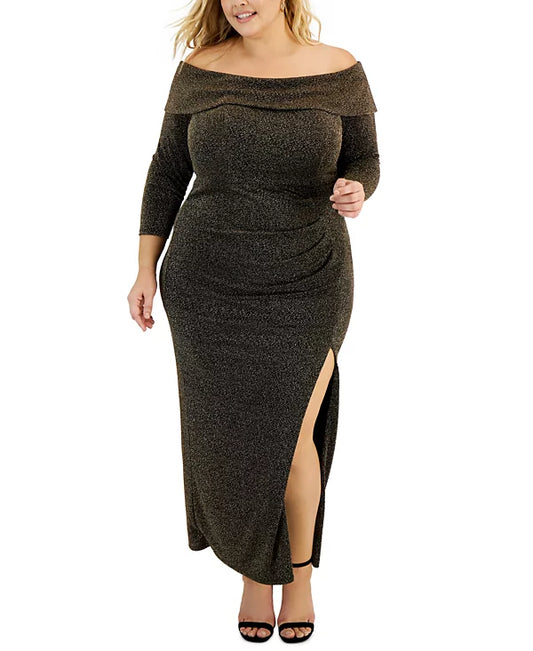 Alex Evenings Plus Size Off-The-Shoulder Side-Slit Glitter Dress  Color Black/Copper Size 16W