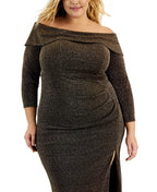 Alex Evenings Plus Size Off-The-Shoulder Side-Slit Glitter Dress  Color Black/Copper Size 16W