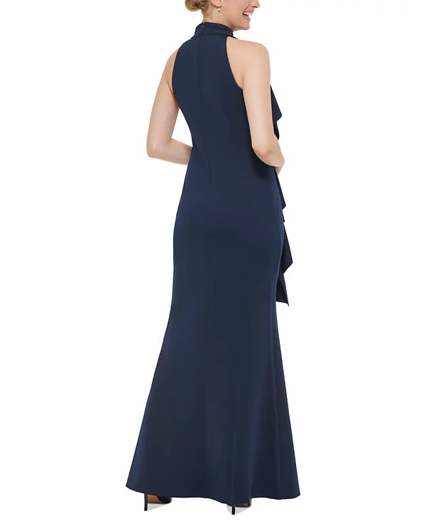 Jessica Howard Women's Ruffled Side-Slit Halter Gown  Color Navy Size 16