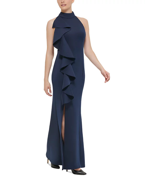 Jessica Howard Women's Ruffled Side-Slit Halter Gown  Color Navy Size 16