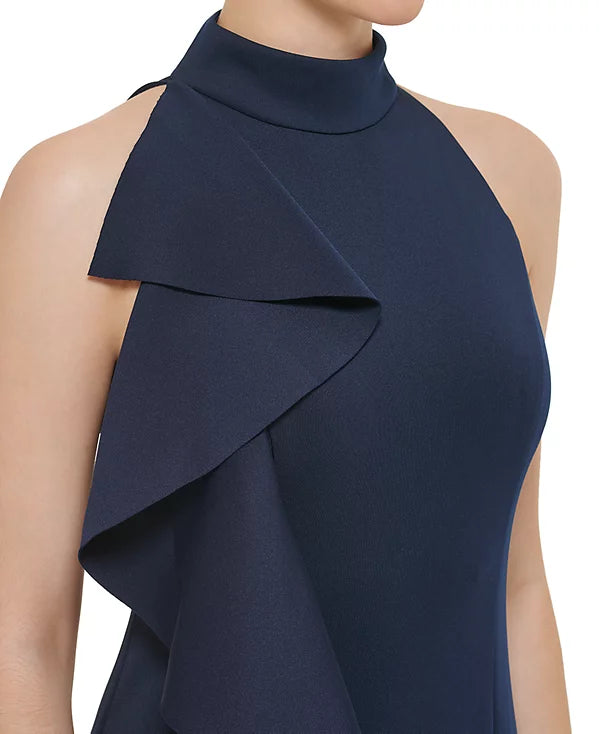Jessica Howard Women's Ruffled Side-Slit Halter Gown  Color Navy Size 16
