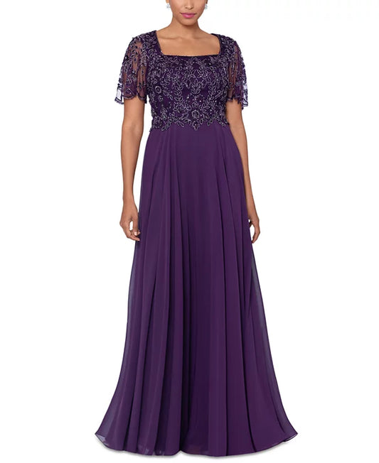 XSCAPE Women's Bead Embellished Short Sleeve Gown  Color Plum Size 14