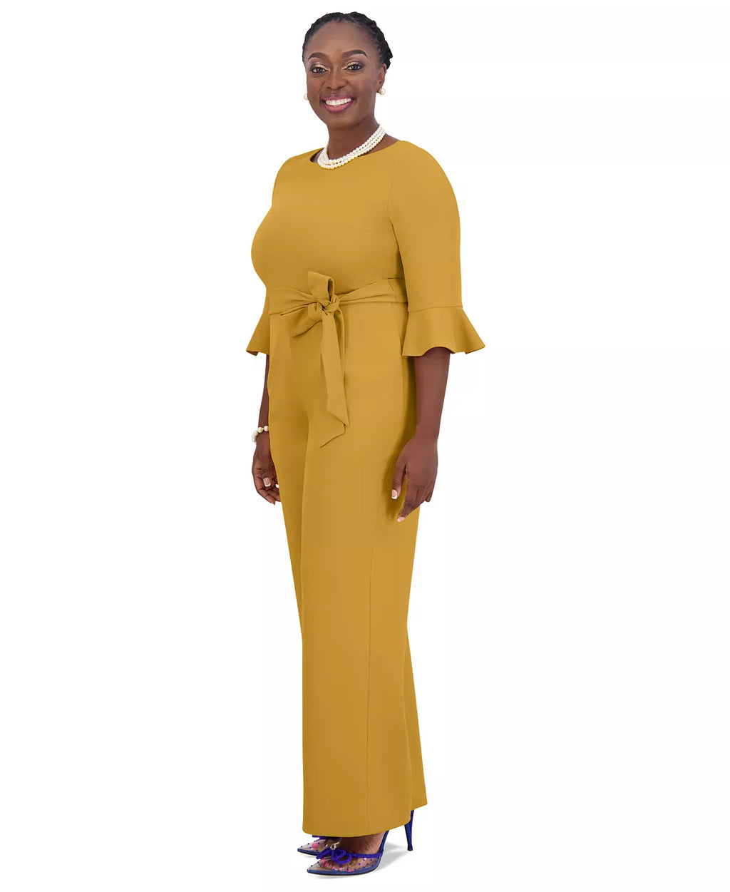 KASPER Women's Boat-Neck 3/4-Ruffle-Sleeve Jumpsuit  Color Gold Rush Size L