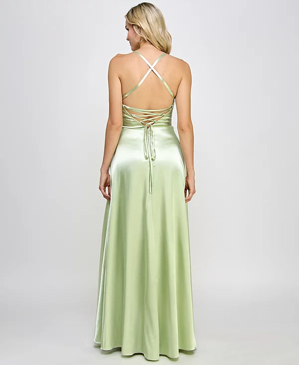 Speechless Juniors Satin Front-Slit Lace-Up Gown  Color Pistachio Size 3
