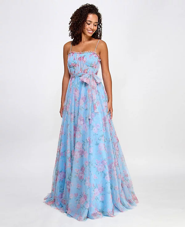 City Studios Juniors Floral-Print Bustier Gown  Color Sky Rose Size 7/8