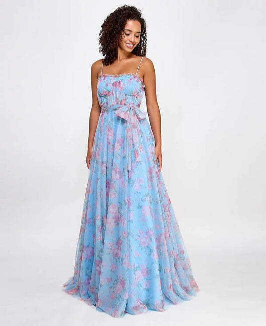 City Studios Juniors Floral-Print Bustier Gown  Color Sky Rose Size 7/8