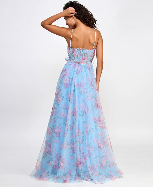 City Studios Juniors Floral-Print Bustier Gown  Color Sky Rose Size 7/8